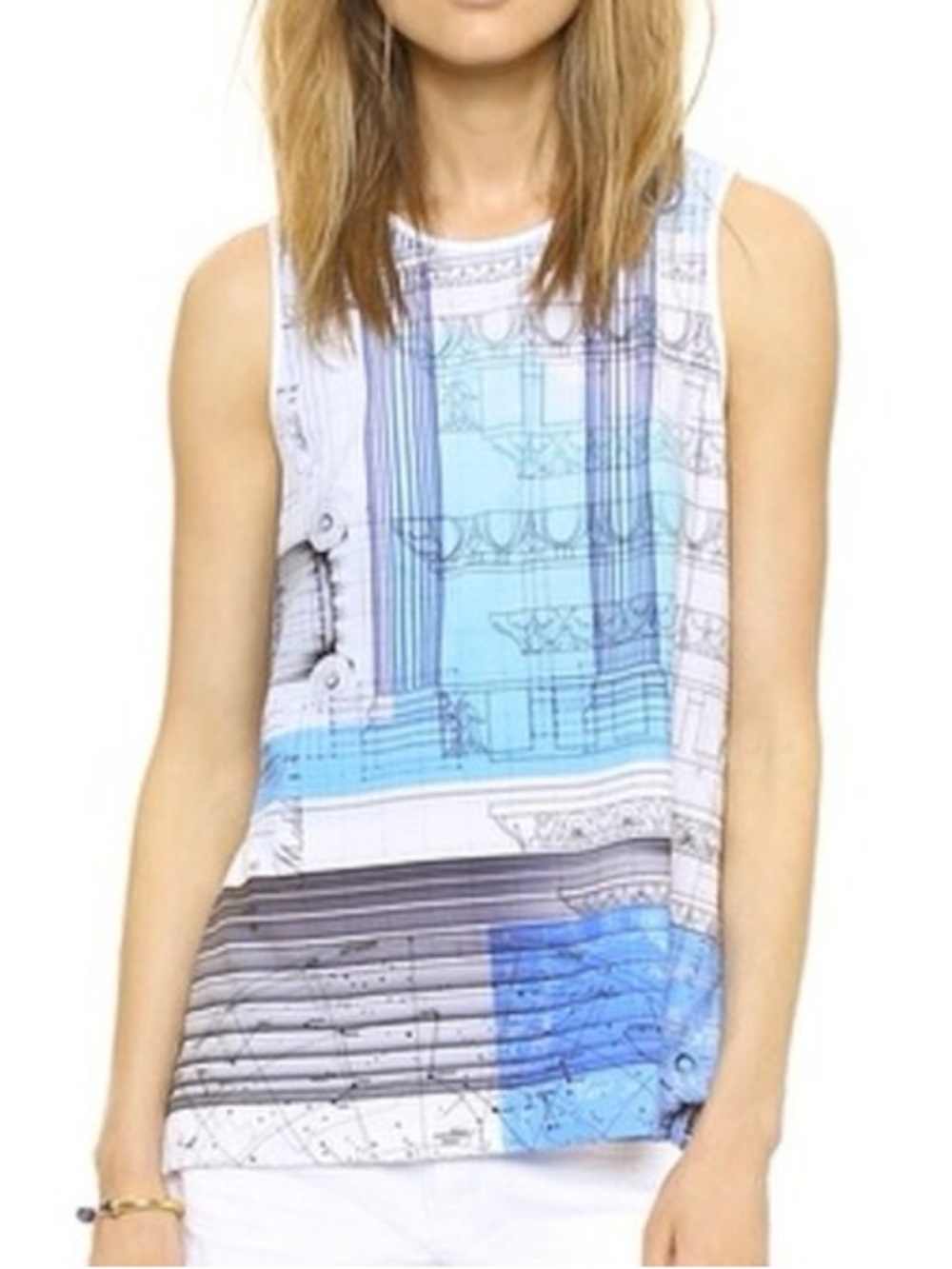 Clover Canyon Blue and White Architectural Print Sleeveless Top